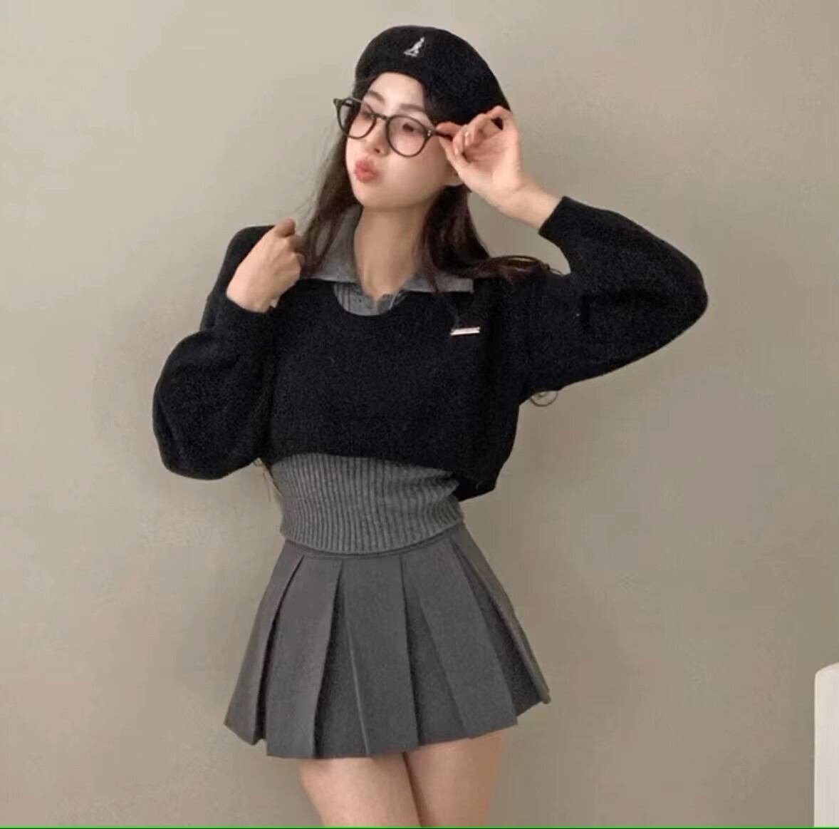 Heather ステッチラインVネックニット+ シンプルショートシャツ2点セット セール】配色ステッチハートケーブルVネックニット（ニット/セーター