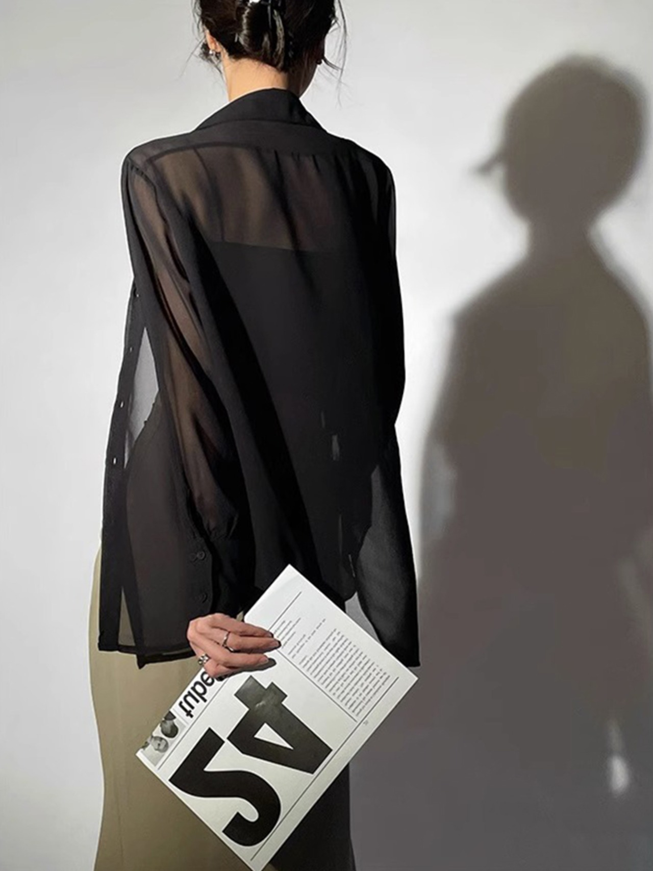 シアー素材ロングスリーブシャツ  2color W00113