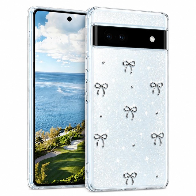 Google Pixel 6a 用 ケース クリア キラキラ ミニリボン 韓国風 可愛い 立体装飾 耐衝撃 透明ケース Google Pixel 6a 対応 シルバー