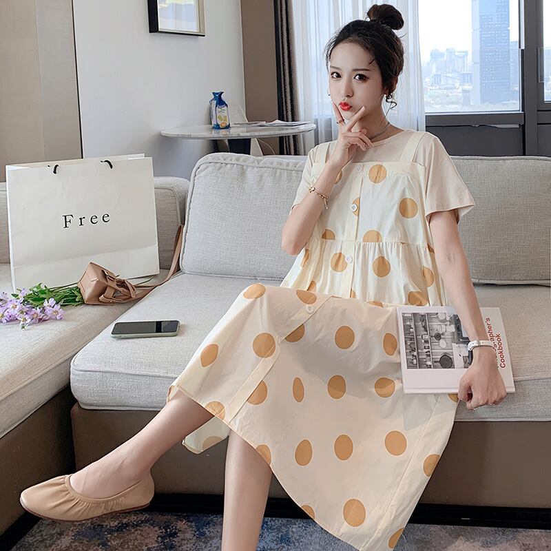 【新作】【送料無料】 マタニティウェア2020夏の新しい綿とリネンの大きな水玉のルーズドレス、トレンディな母親のミドル丈ドレス妊婦-アリババ コットン サマー 夏物 expec234936721500