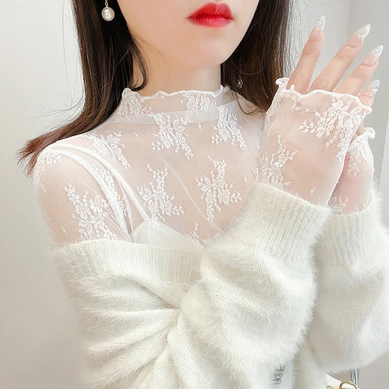 ファッショナブルなレース中空長袖ハーフハイカラー女性用トップスエレガントスタイル初秋新デザインベースレイヤーシャツ