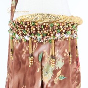 ベリーダンス オリエンタル 衣装 上下セット ブラウン系 トップス スカート インナーパンツ 茶 緑 ラインストーン ビーズ 豪華 装飾 かわいい 華やか ダンス衣装 イベント ステージ 葉っぱ柄 グリーン系