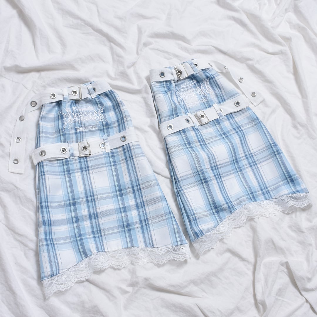 サブカル刺繍☆チェック柄レッグウォーマー(BLUE) | VOLCAN&APHRODITE