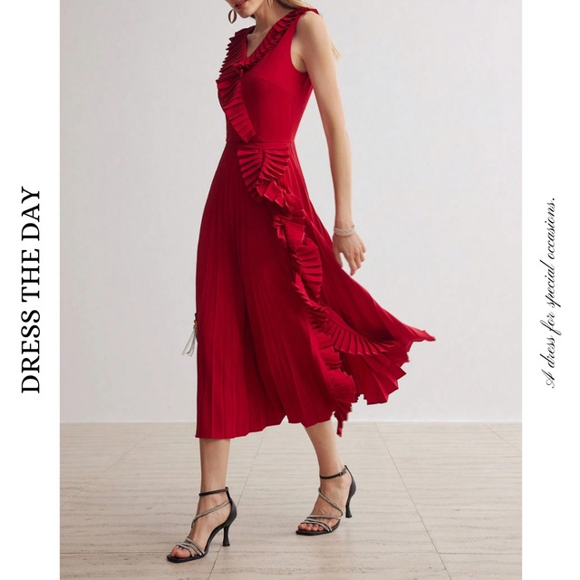 クラシカルレッドラッフルワンピース W0051