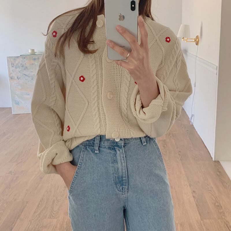 2020年新作セーターレディース秋冬レトロ小花刺繡ルーズ&シンカジュアルニットカーディガンジャケットトレンド クレセントシティ3253197997