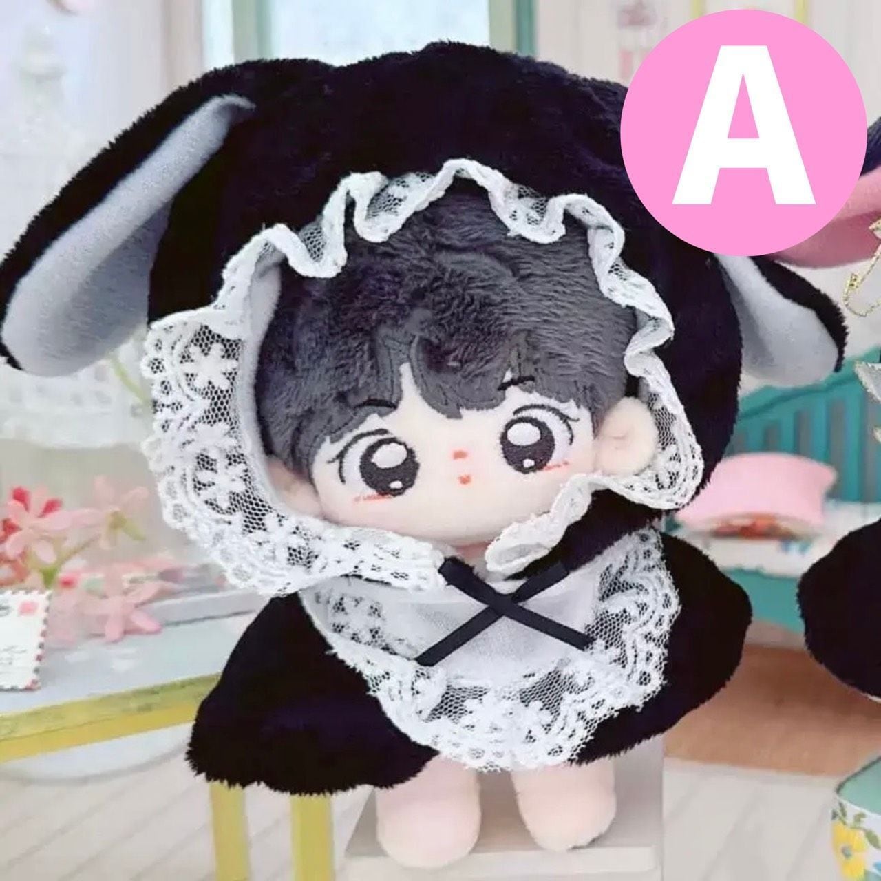 10cm】 ぬい服 かわいい 黒色のうさ耳 レース ポンチョ ツノ付き
