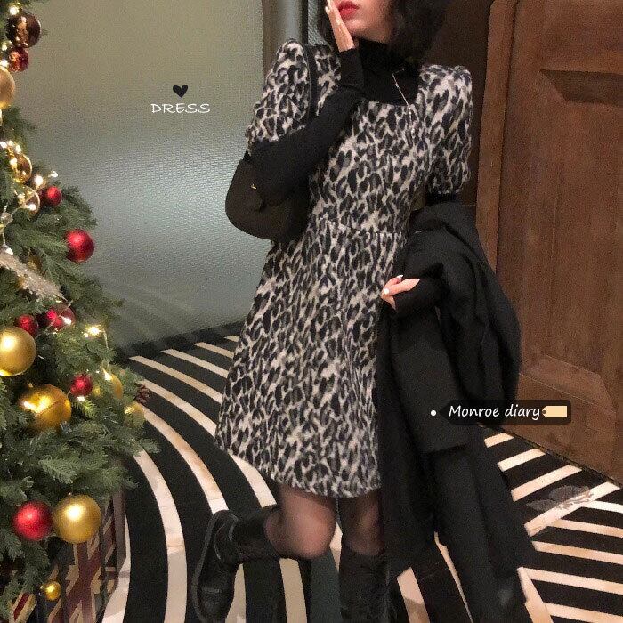 レオパードプリント柄ドレス オータムウィンターAラインスカート ウェスト薄手ショート 秋物 冬物 モンロー70511476700