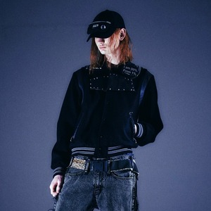 【99％IS】 Studs Leather Patch     ' 77 ' Varsity Jacket  [Hand Made Custom] (BLACK)