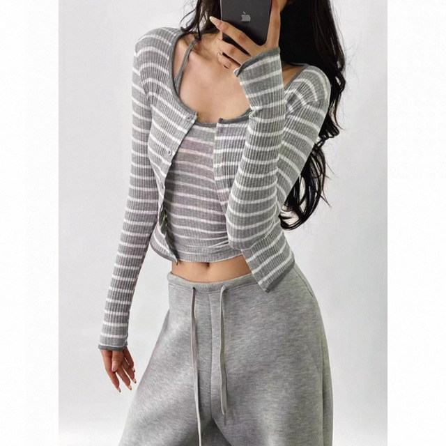 striped long sleeve short length rib cut and sew la2689