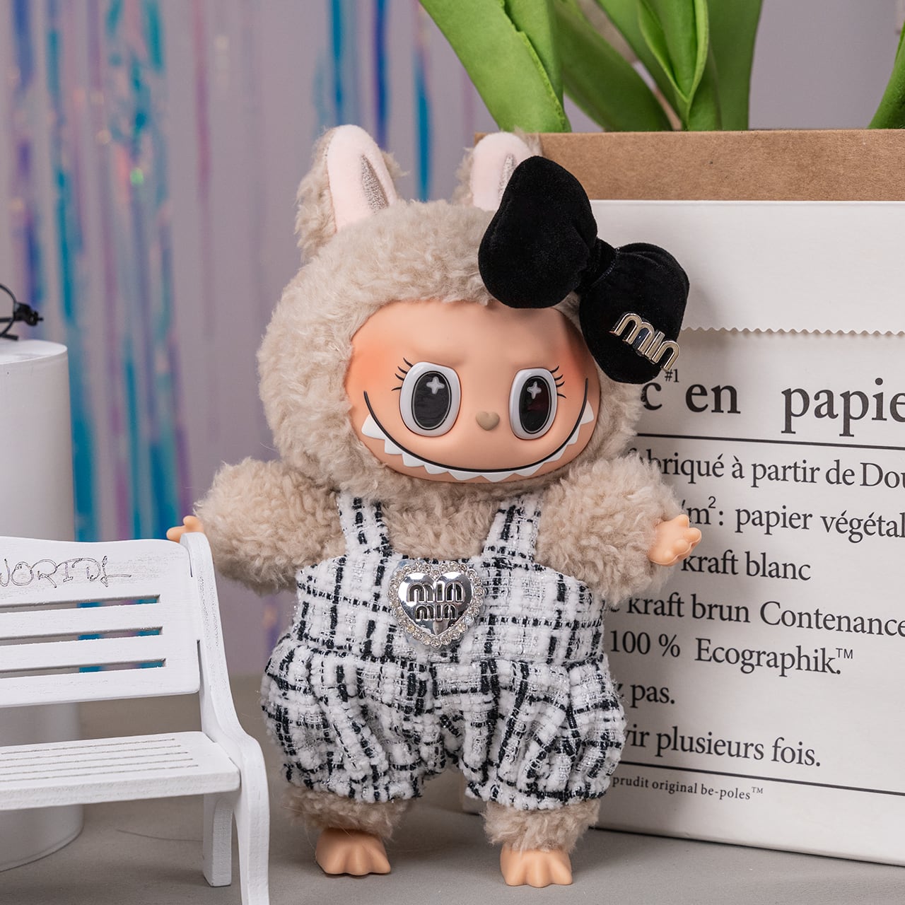 【リボン+オールインワン】 Labubu用 超ビッグヘアリボン 悶絶級の可愛さ 上品 ラブブ服 お人形コーデ 全モデル対応