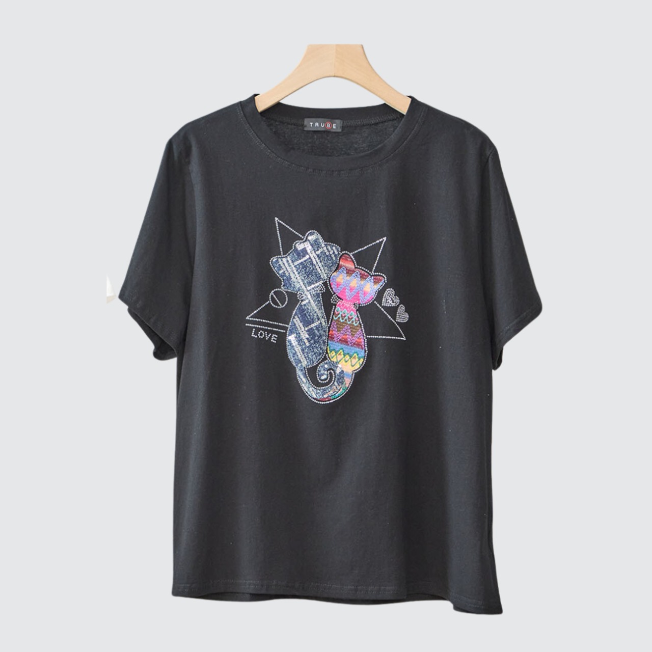 TRUBE ラインストーンデコ可愛いペアーの猫Tシャツ【L~LL】ブラック