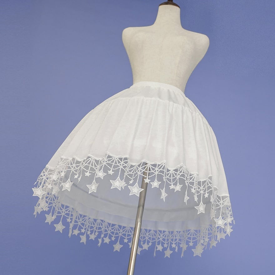 白い星屑のささやき 星柄レースとギャザーのホワイトロリータパニエ
