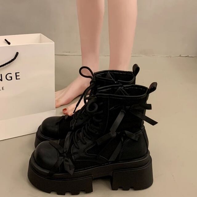 予約販売】ブーツ レディース リボン ブラック ブラウン 編み上げ