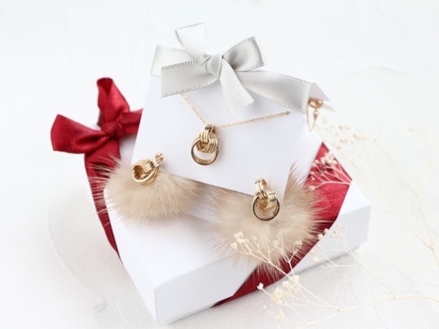14kgf-petit chain fur pierced earrings necklace set item /can be chang to A.N original clip-on