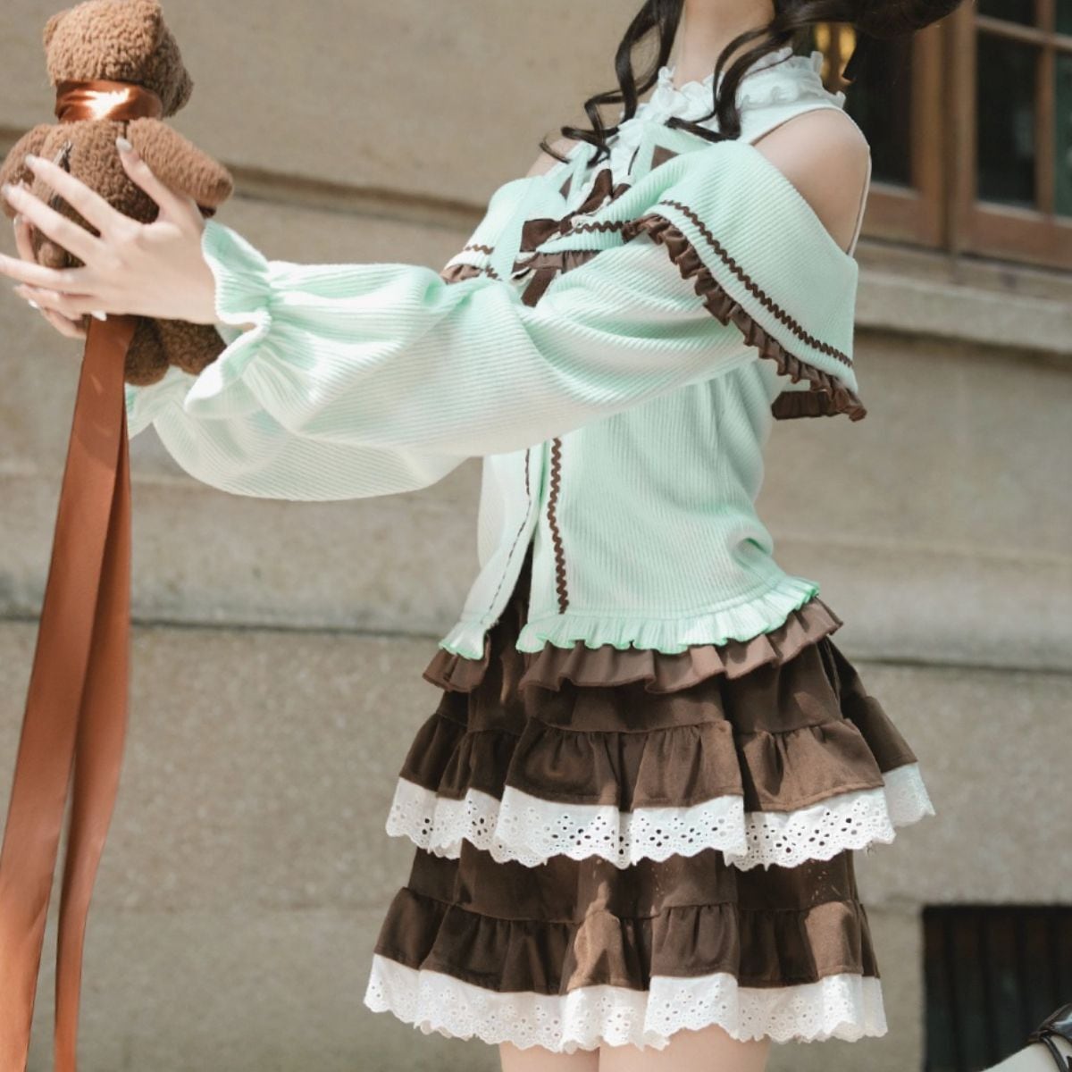 チョコミントオープンショルダーニットセットアップ | Maiden's Rêve