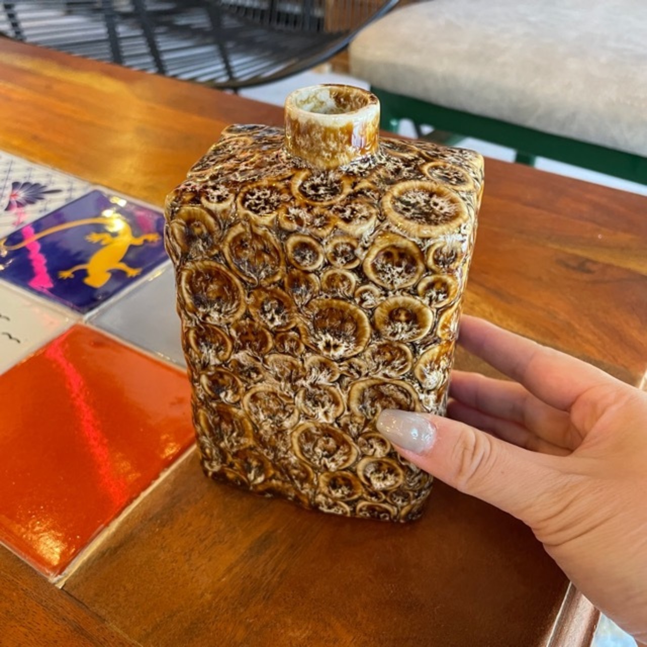 DULTON LOTUS POD SQUARE VASE / ダルトン ロータスポッドスクエアベース 花瓶 フラワーベース 置物 ブラウン 釉薬 溶岩風 モダン 和風 シック ギフト プレゼント