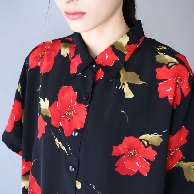 "花柄" black base red flower mode h/s shirt