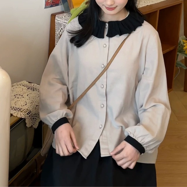 2色/フリルカラーくるみボタンブラウス ・12587