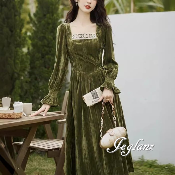 ベロア調 ワンピース ドレス 刺繍 レース スクエア クラシカル (MB141)η☆