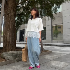 裾レース＆チュール　五分袖Tシャツ