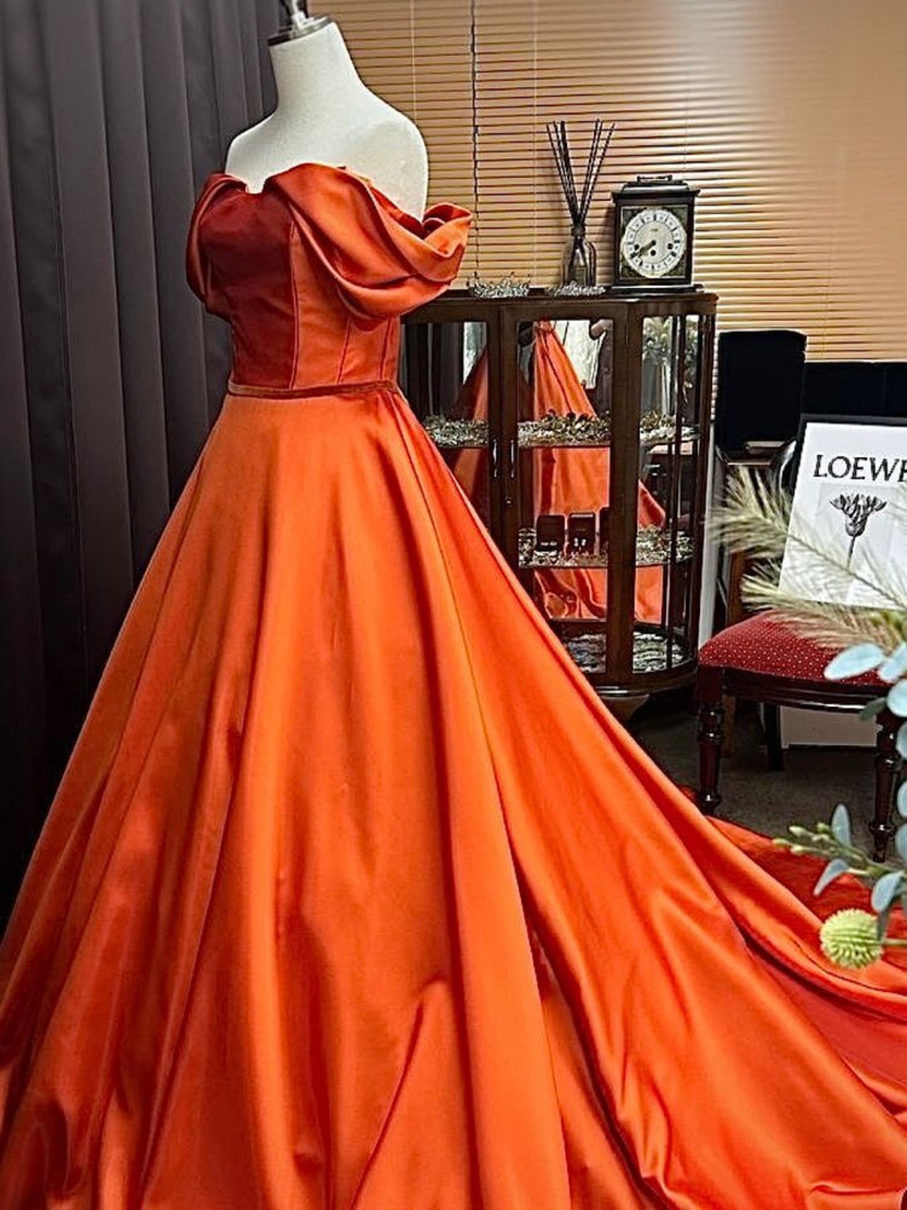 上品！カラードレス オレンジ 取り外し袖 ベアトップ 光沢感 花嫁 A  