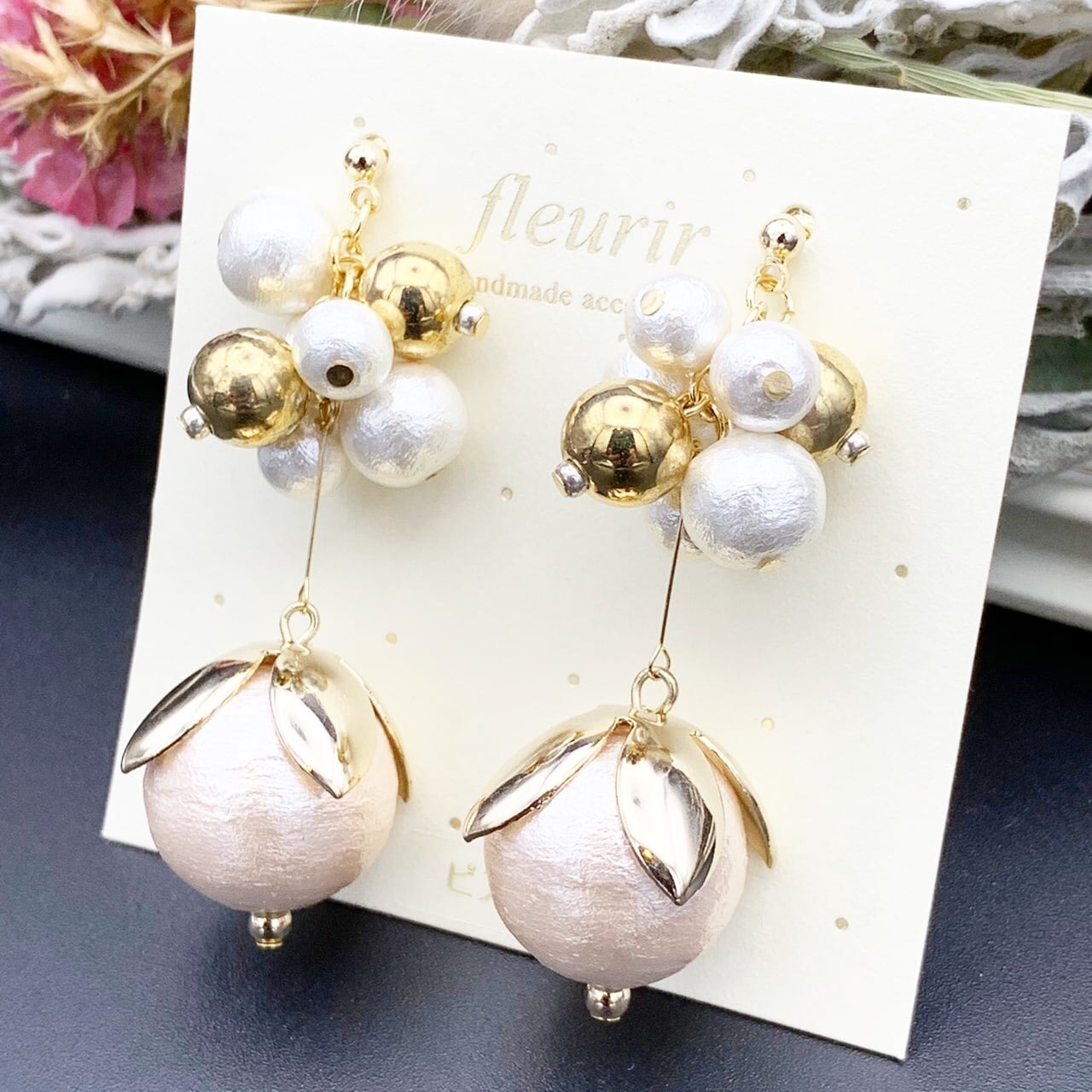 Fleurir メタルパールビジュー コットンパールピアス Cara Handmade