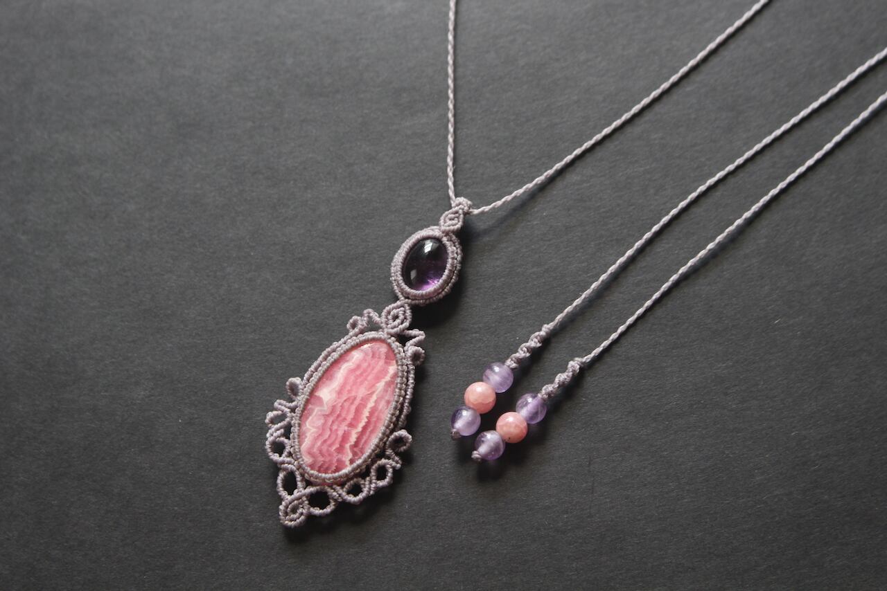 Rhodochrosite & Amethyst micro macrame pendant