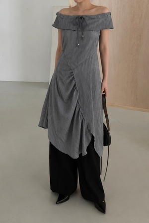Off Shoulder Draped Frill Dress (Gray) 2504-82-017