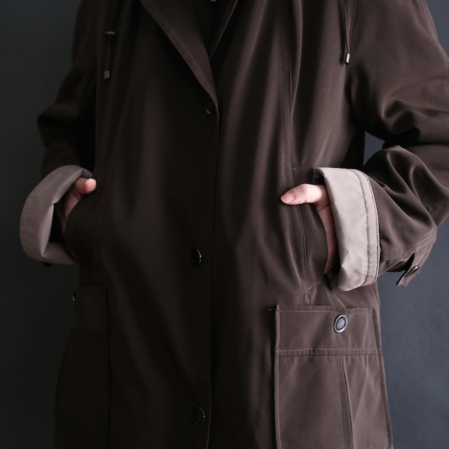 bi-color switching zip-up and button high-neck jacket coat with liner and hooded