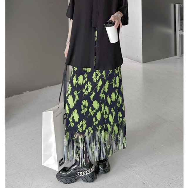Fringe floral pleated long skirt C1095