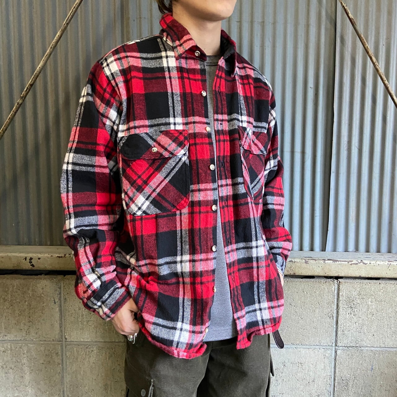 90年代 FIELD&STREAM チェック柄 長袖 ヘビーネルシャツ メンズL 古着 