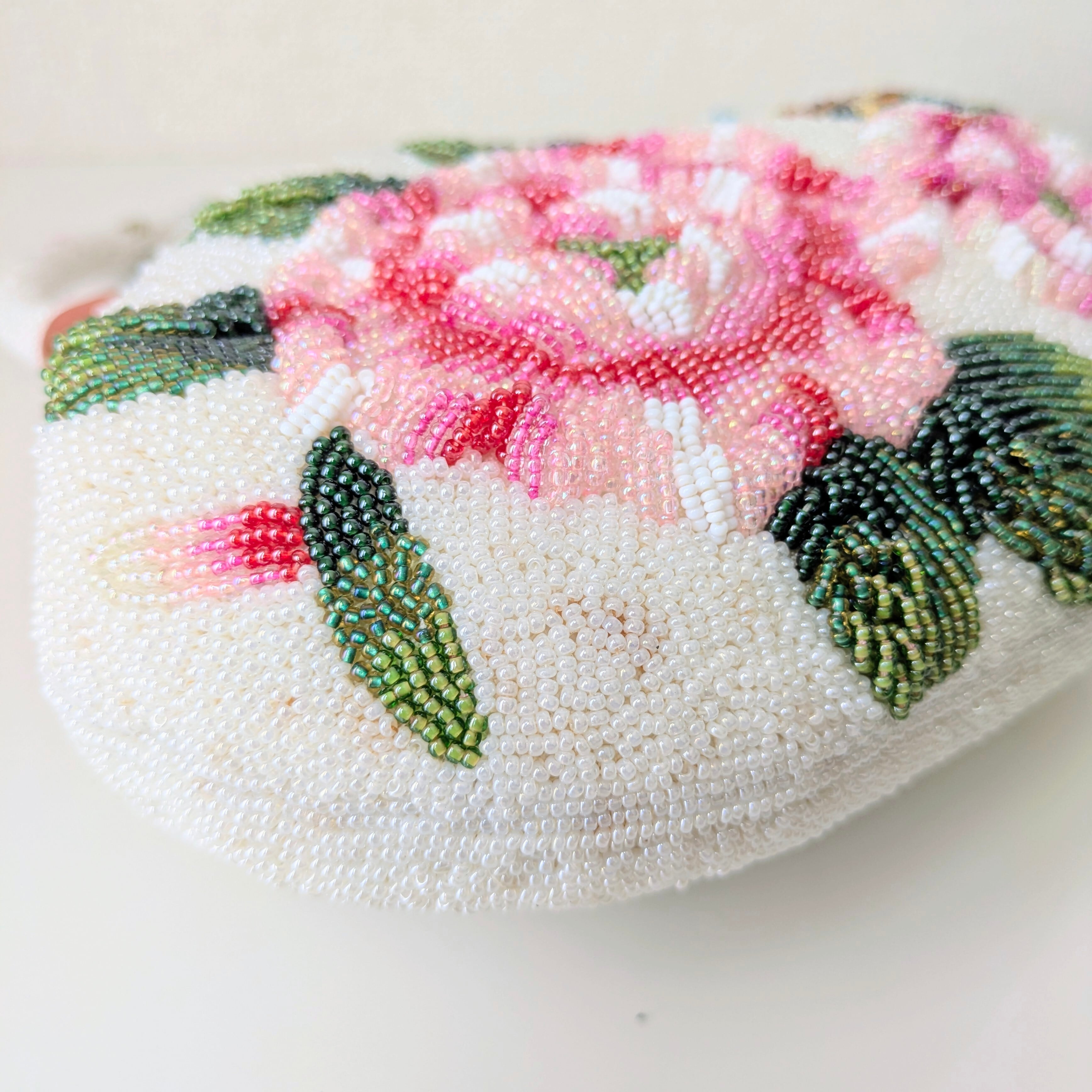 Vintage】ビーズ刺繍バッグ 白 花柄 べっ甲風 大き目サイズ パーティー