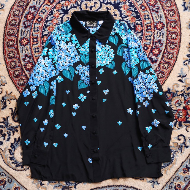 cold color flower and silver beads l/s silk shirt