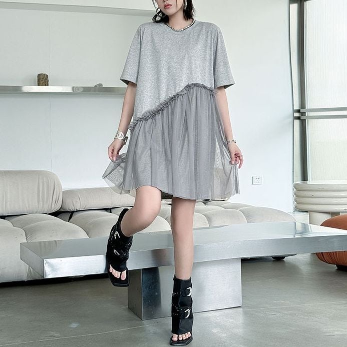 MESH PANEL ASYMMETRIC MIDI SHORT SLEEVE DRESS M-17222