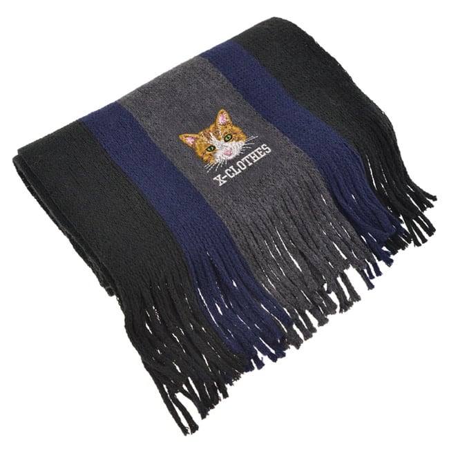 スカル柄刺繍 大判マフラー フリンジ付き ロゴ刺繍フリンジストール