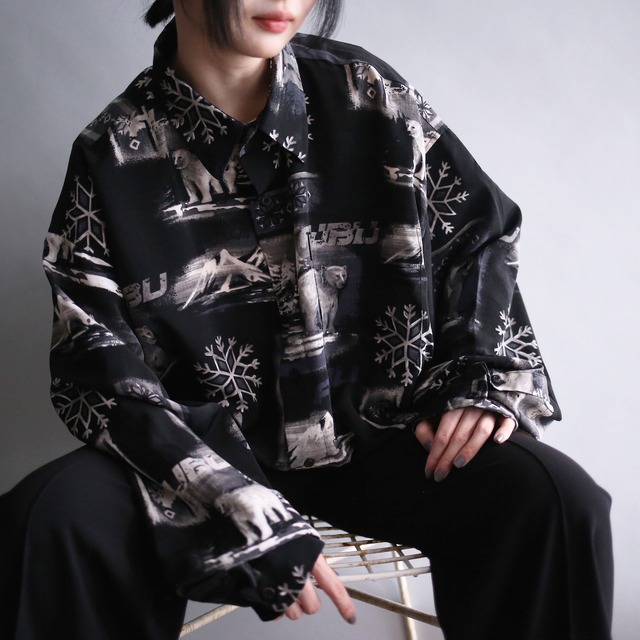 "白熊" black base full pattern over size shirt
