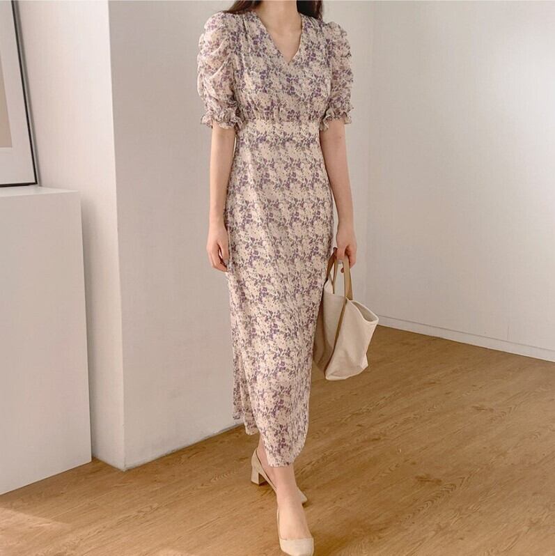 ワンピース レディース ロング ロング丈 パフスリーブ 半袖 Vネック シフォン かわいい 大人可愛い きれいめ カジュアル エレガント 清楚 フェミニン おしゃれ お洒落 綺麗 お嬢様 ナチュラル こなれ感 ラブリー キュート ガーリー ロマンチック 抜け感 送料無料 存在感 花柄 小花柄 フラワー 学生 通学 デート お出かけ 女子会 S M L XL パープル 春 10代 20代 韓国 韓国系 着回し モテ トレンド 流行 インスタ映え