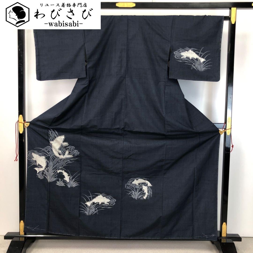 ☆ 単衣 紬着物 四角に馬 騎士 墨色 K-4462 K-6115 ☆ 単衣 紬着物