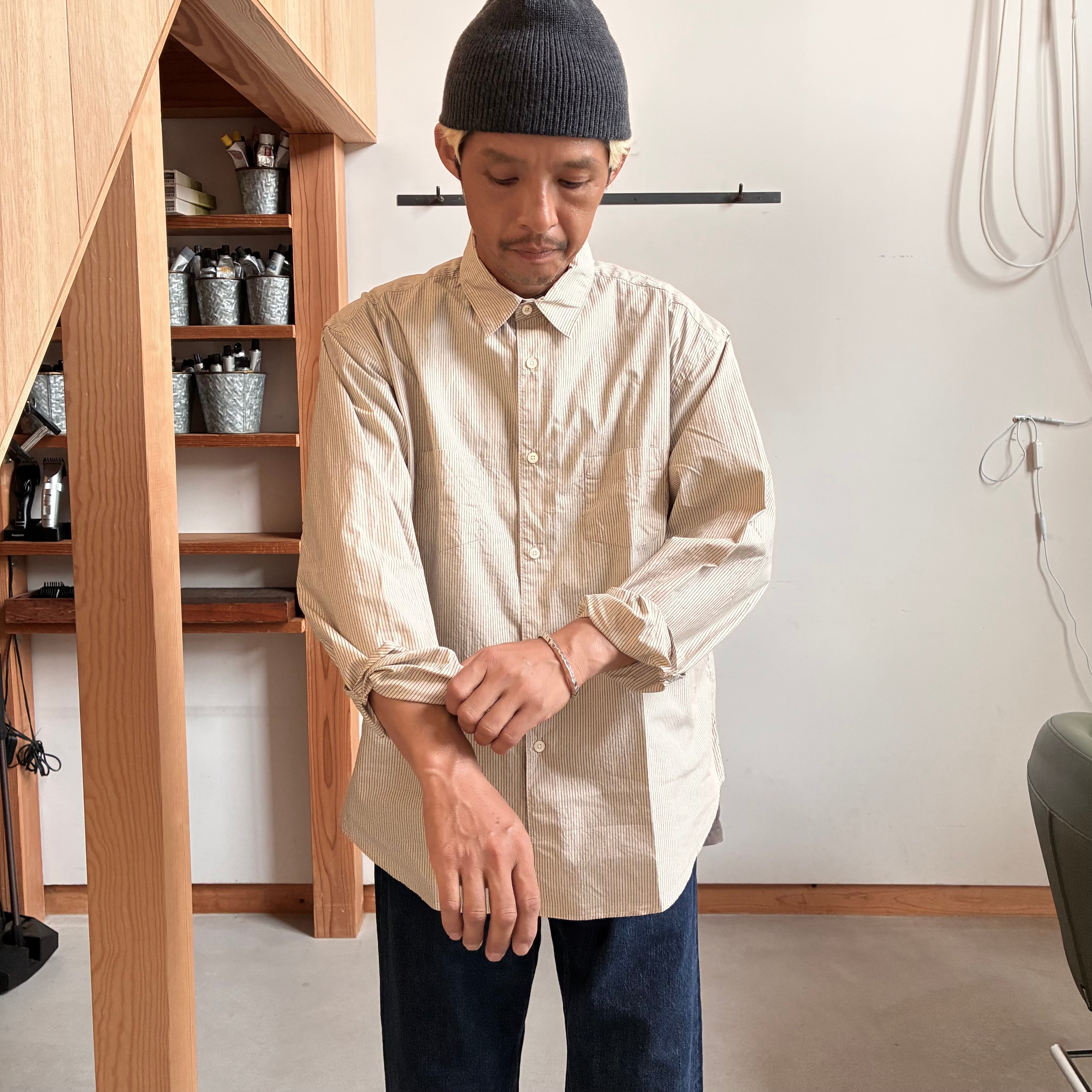 ENDS and MEANS/エンズアンドミーンズ Aldous Shirts (Beige Stripe