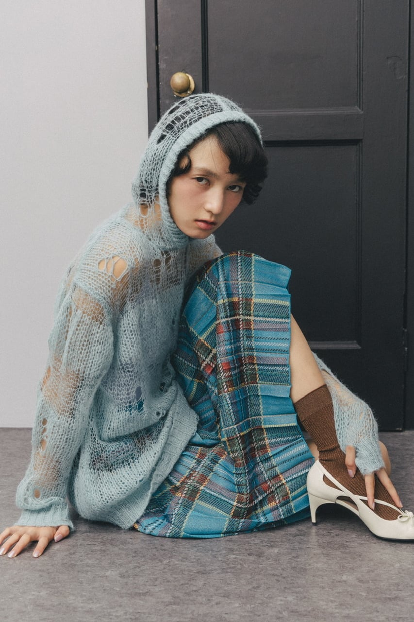 ラメニットプリーツチェックスカート BLUE