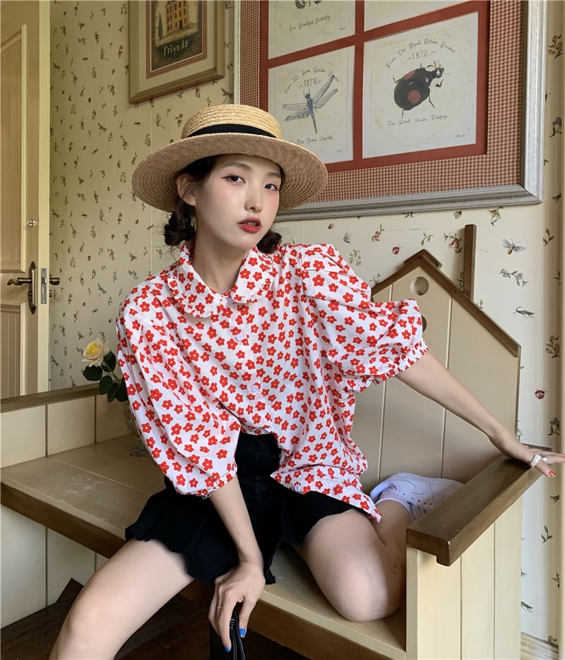 夏服韓国ファッションスタイルスリーブFlowerデザイン シャツ 大人