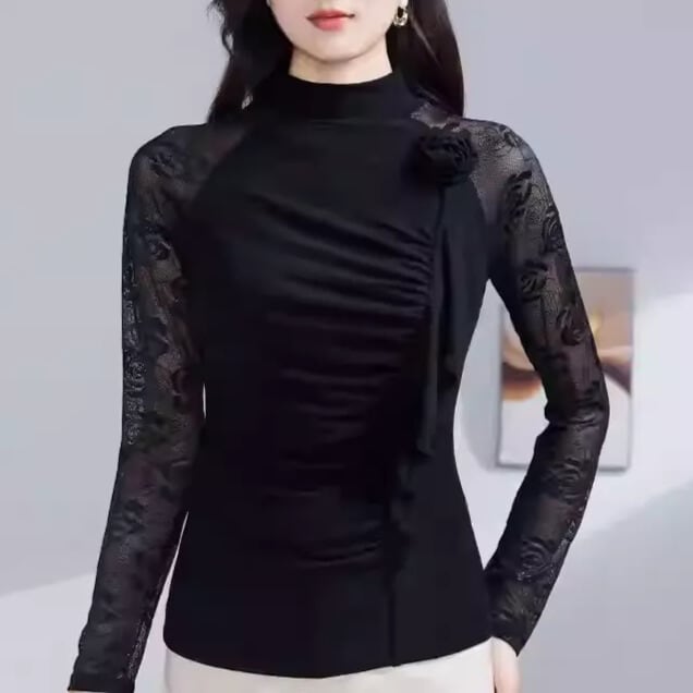 ハイネック ロングスリーブ フラワーモチーフ カットソー ds1078