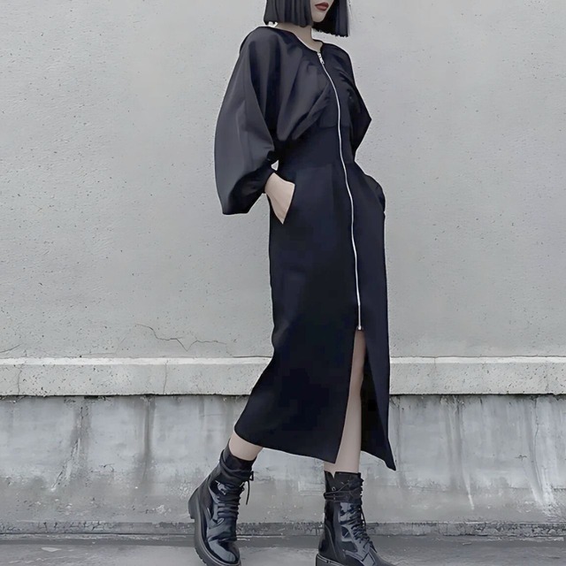 Zipper long sleeve slit long dress C0599