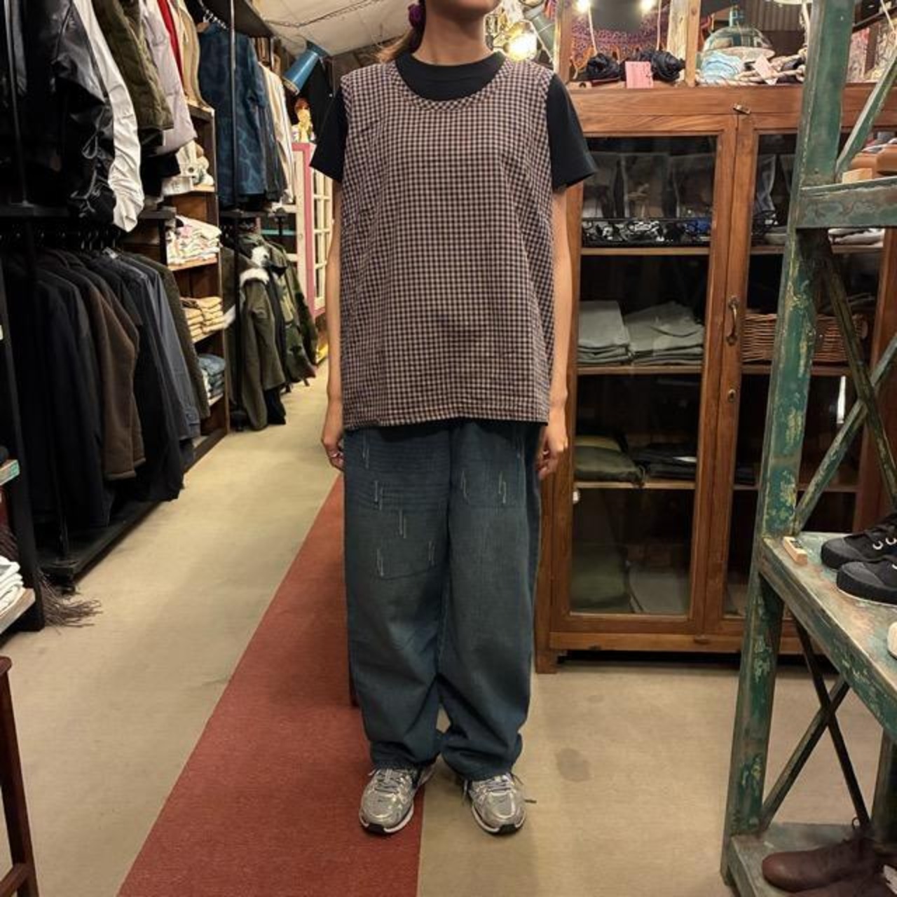 homspun 　ホームスパン　80/1ギンガムチェックノースリーブプルオーバー　モカ×ブラック　カットソー　定番　ベーシック　インナー　日本製