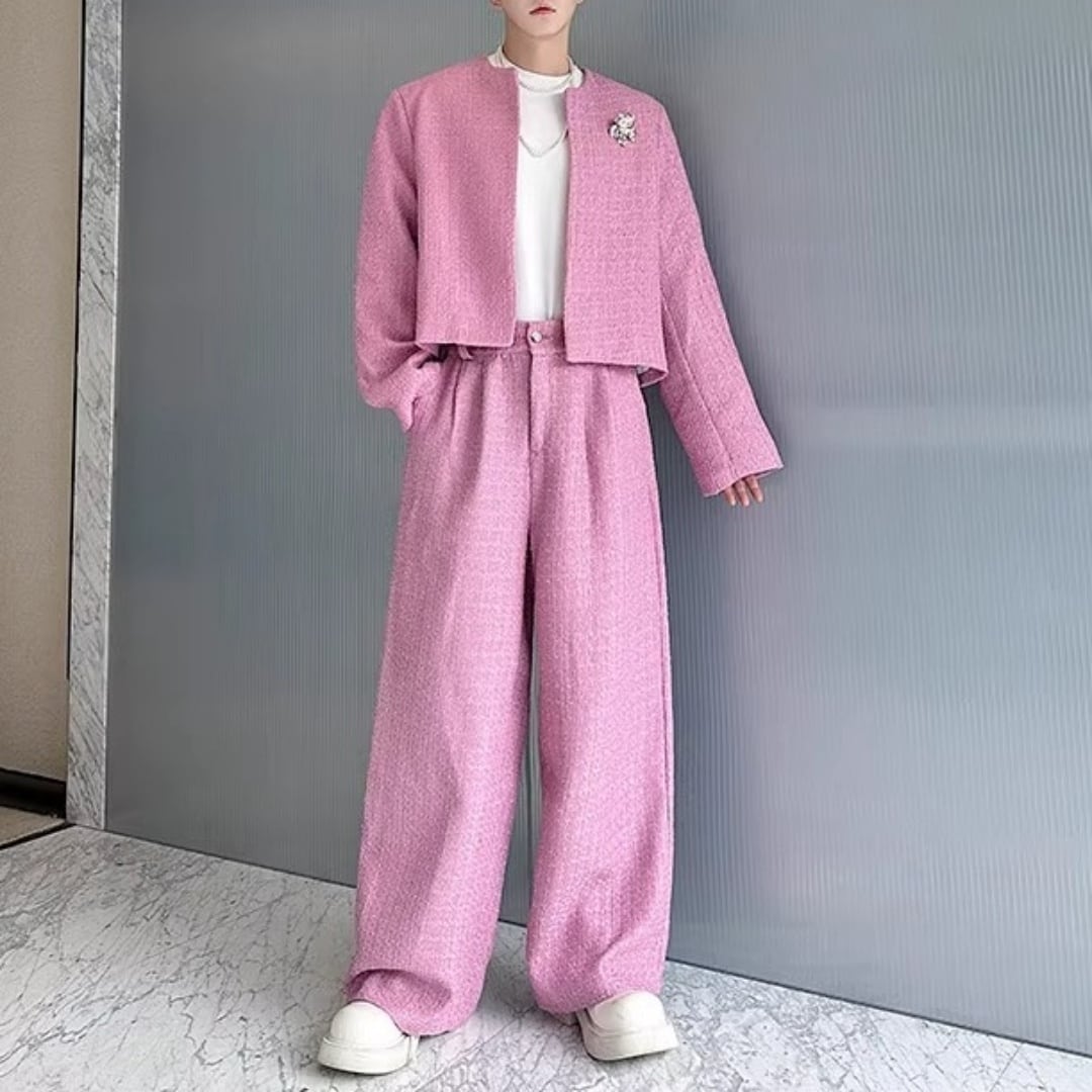 ノーカラーショートジャケット&ハイウエストワイドパンツ セットアップ