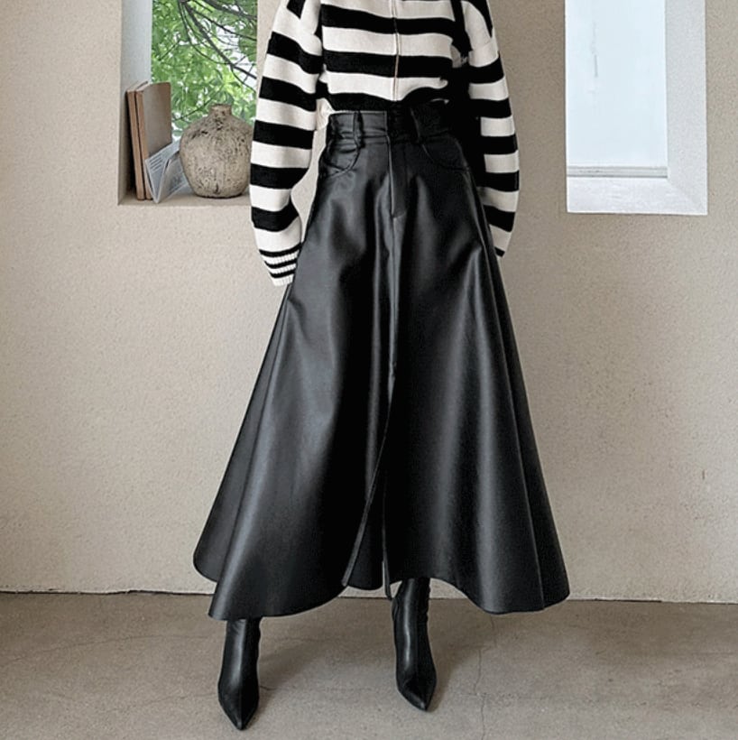 High waist pleated leather skirt S309