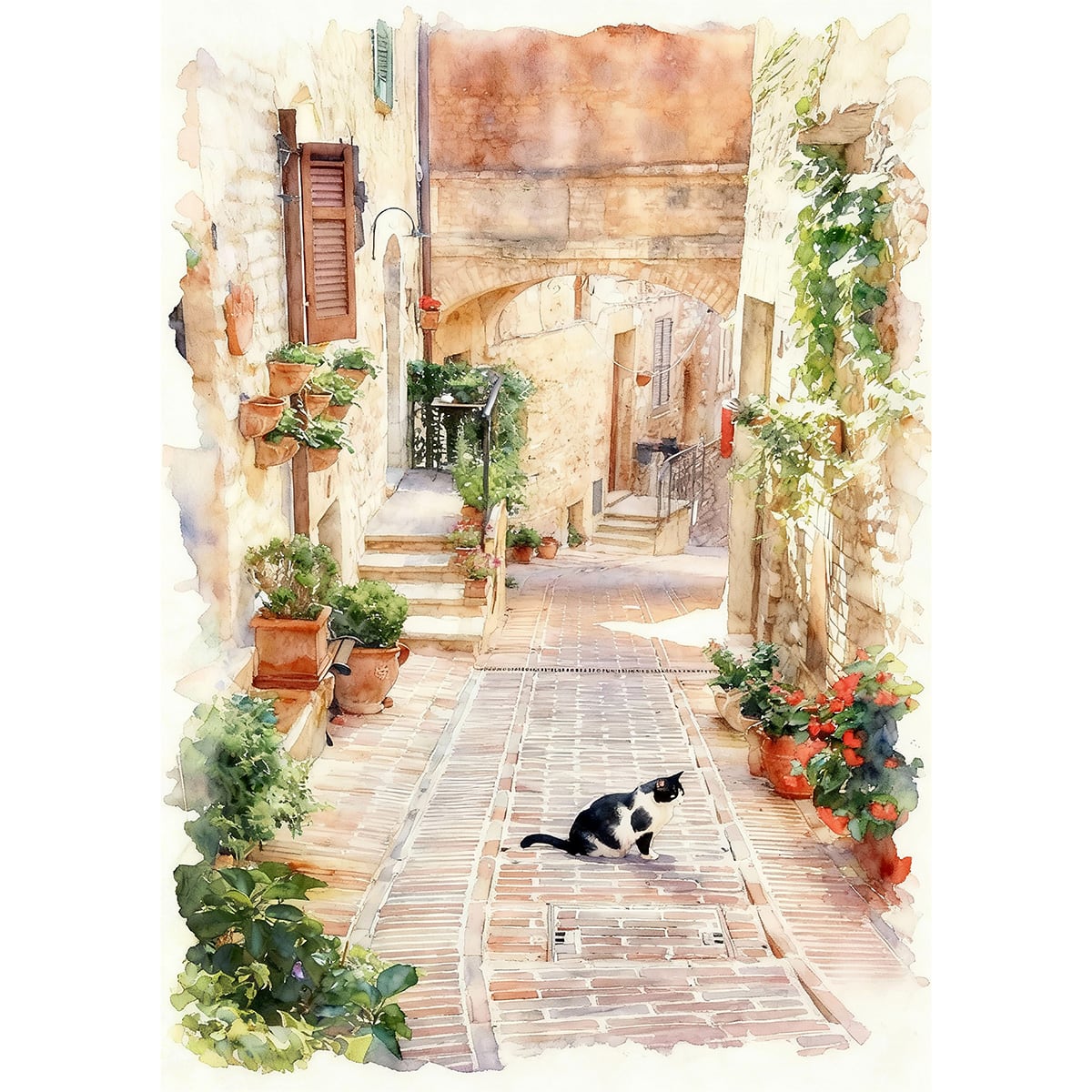 絵画 動物 街中の猫 インテリアアート額付き 水彩画風 WAT1795