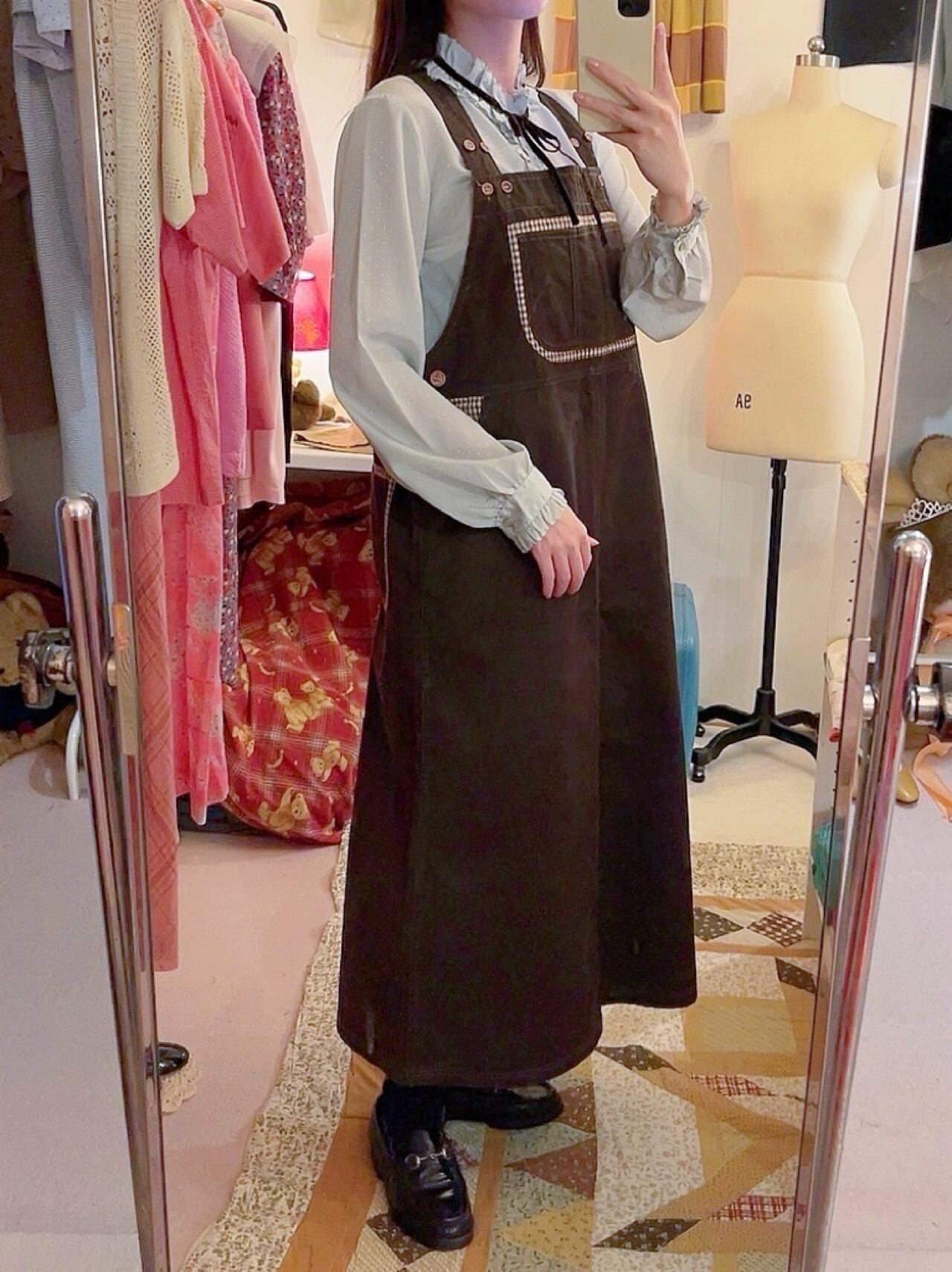 gingham check brown salopette skirt