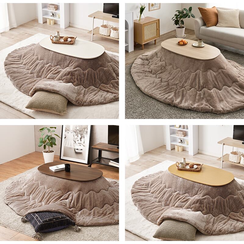 【完成品】楕円形折れ脚こたつ＋うす掛け布団 2点セット こたつ4種x掛け布団5種 コンパクトサイズ カルミナメレンゲ 幅90cm