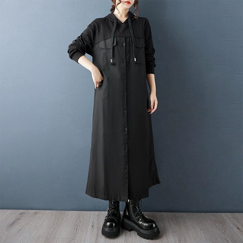 BLACK HOODIE STITCHED A-LINE MIDI SHIRT DRESS 1color M-14745
